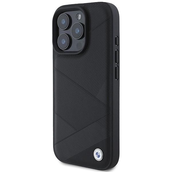 BMW Signature Leather Crossing Lines Pattern iPhone 16 Pro-fodral - svart