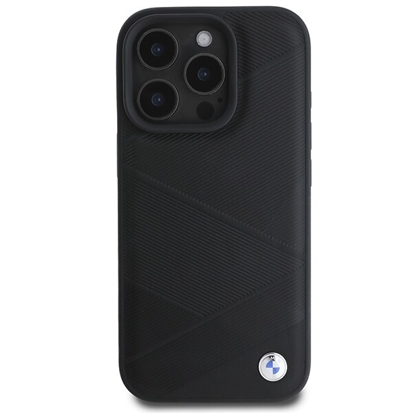 BMW Signature Leather Crossing Lines Pattern iPhone 16 Pro-fodral - svart