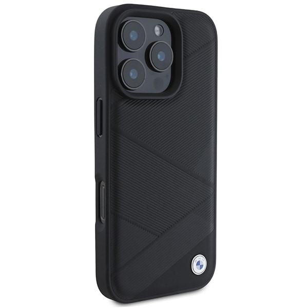 BMW Signature Leather Crossing Lines Pattern iPhone 16 Pro-fodral - svart