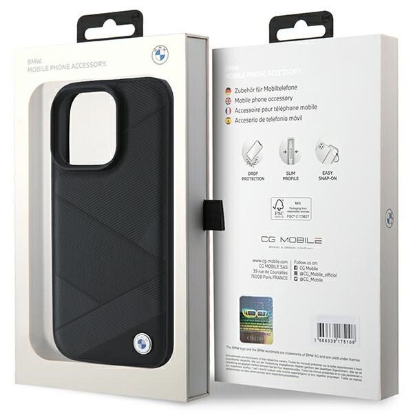 BMW Signature Leather Crossing Lines Pattern iPhone 16 Pro-fodral - svart