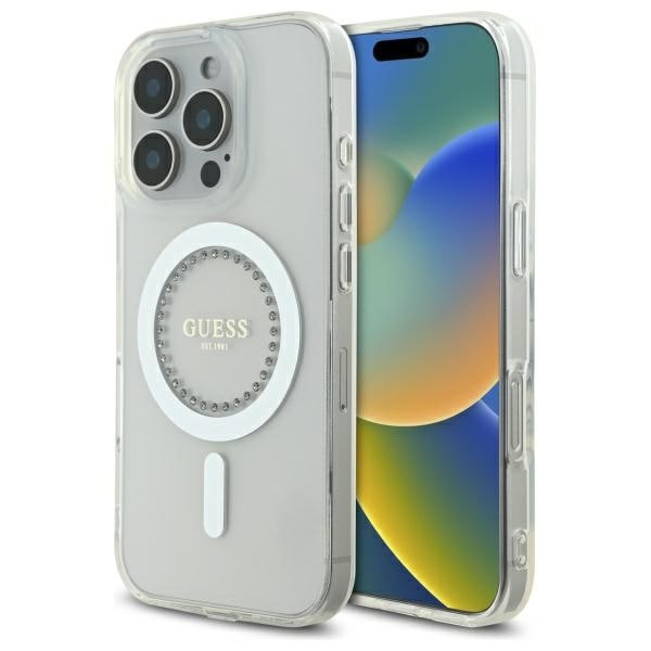 Guess IML Rhinestones MagSafe-fodral för iPhone 16 Pro Max - Vit