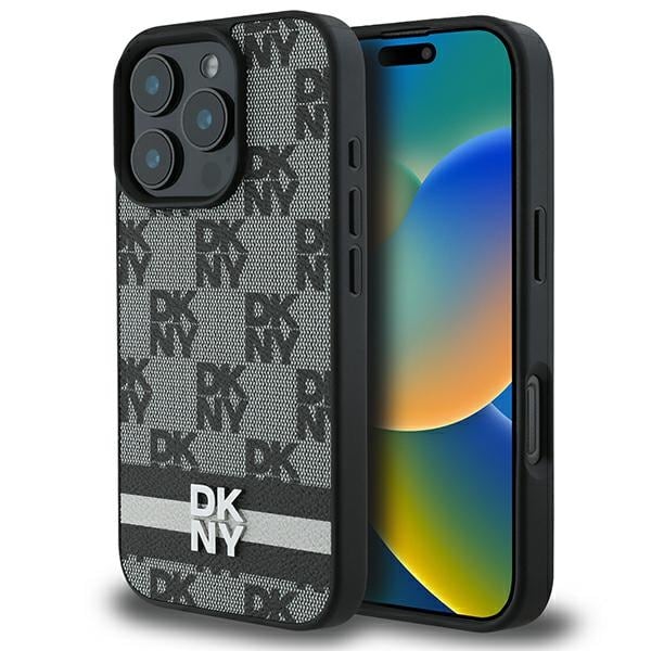DKNY Fodral med rutigt mönster och tryckta ränder för iPhone 16 Pro - Svart