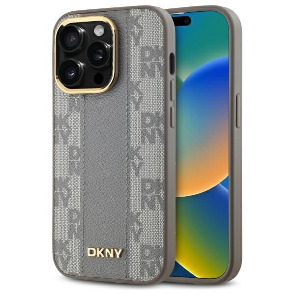 DKNY läderfodral med rutigt monomönster MagSafe iPhone 14 Pro - Beige