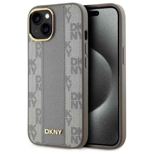 DKNY läderfodral med rutmönster MagSafe iPhone 15 Plus - Beige