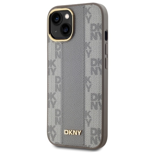DKNY läderfodral med rutmönster MagSafe iPhone 15 Plus - Beige