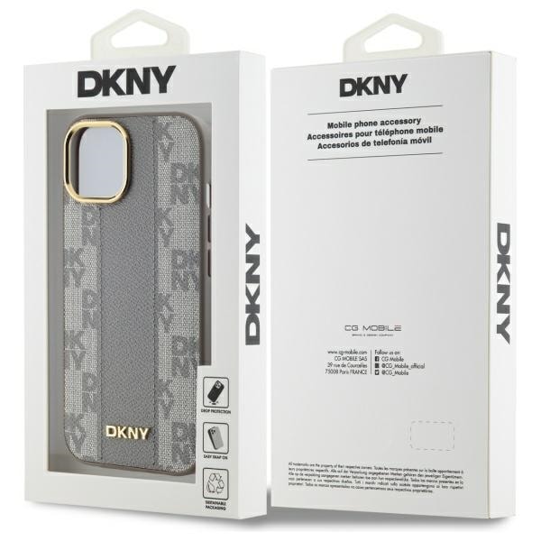 DKNY läderfodral med rutmönster MagSafe iPhone 15 Plus - Beige