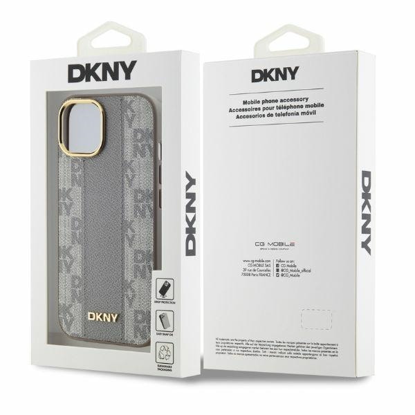 DKNY läderfodral MagSafe iPhone 15 med rutigt monomönster - Beige