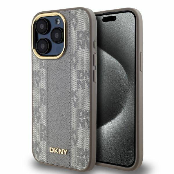 DKNY läderfodral med rutmönster MagSafe iPhone 15 Pro Max - Beige