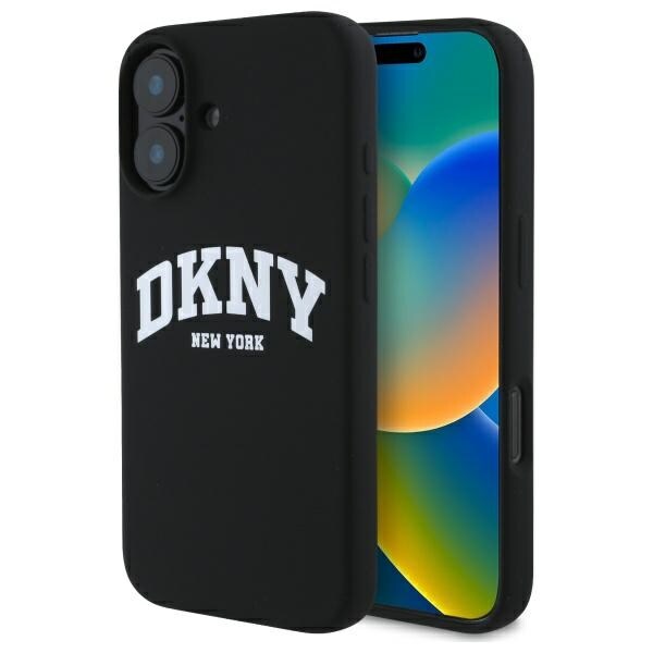 DKNY Silikon Vit Tryckt Logo MagSafe iPhone 16 Fodral - Svart