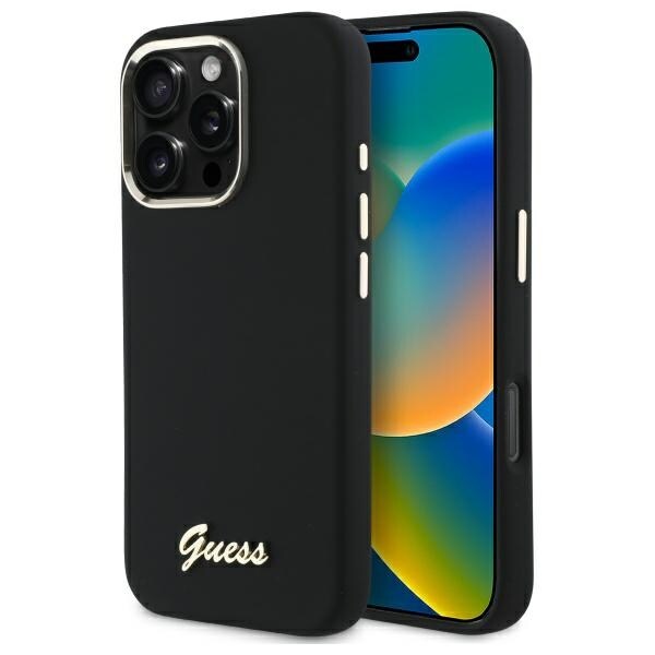 Guess Silikon Script Metal Logo & Frame Fodral för iPhone 16 Pro - Svart