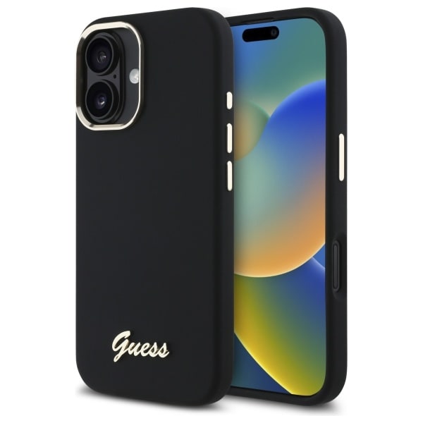 Guess Silicone Script Metal Logo & Frame Fodral för iPhone 16 - Svart
