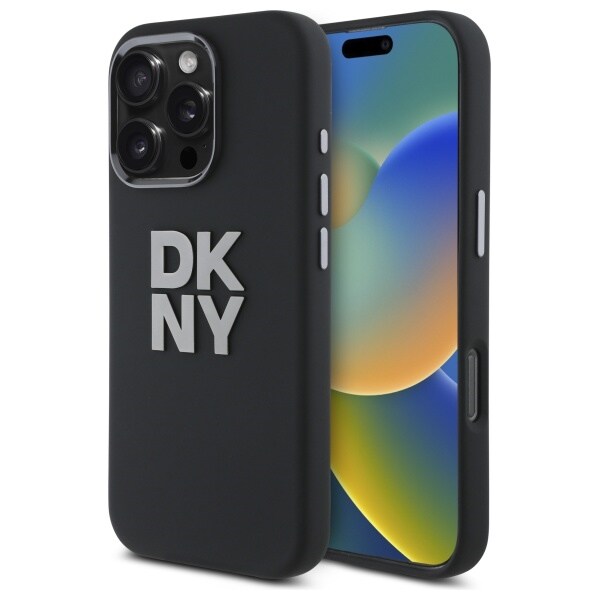 DKNY Fodral i flytande silikon med metallogo iPhone 16 Pro Max - Svart