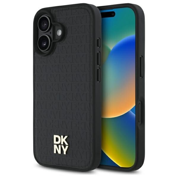DKNY MagSafe iPhone 16 fodral med stapellogo i repeterat mönster - svart