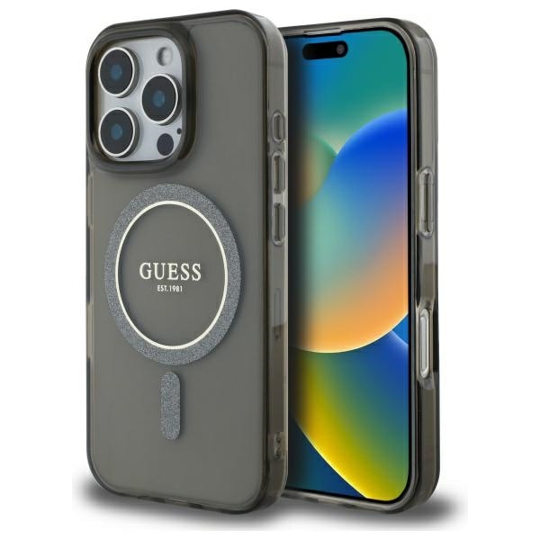Guess IML Glitter Circle MagSafe-fodral för iPhone 16 Pro - svart
