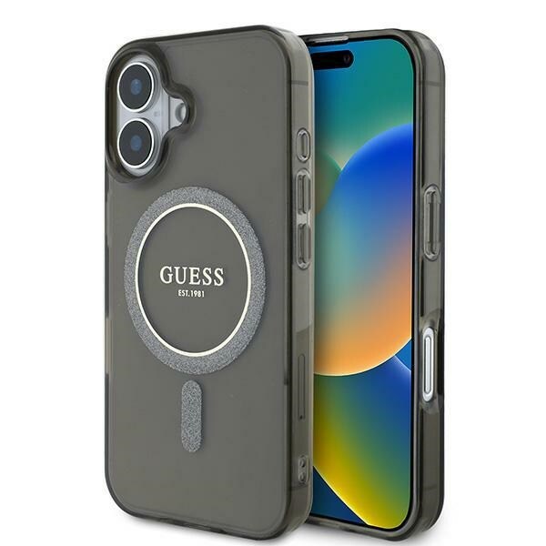 Guess IML Glitter Circle MagSafe-fodral för iPhone 16 - svart