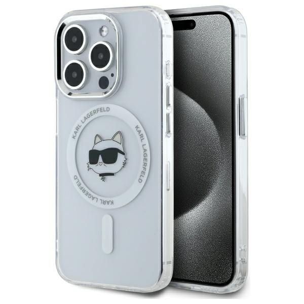 Karl Lagerfeld IML Metall Choupette Head MagSafe iPhone 15 Pro Fodral - Vit