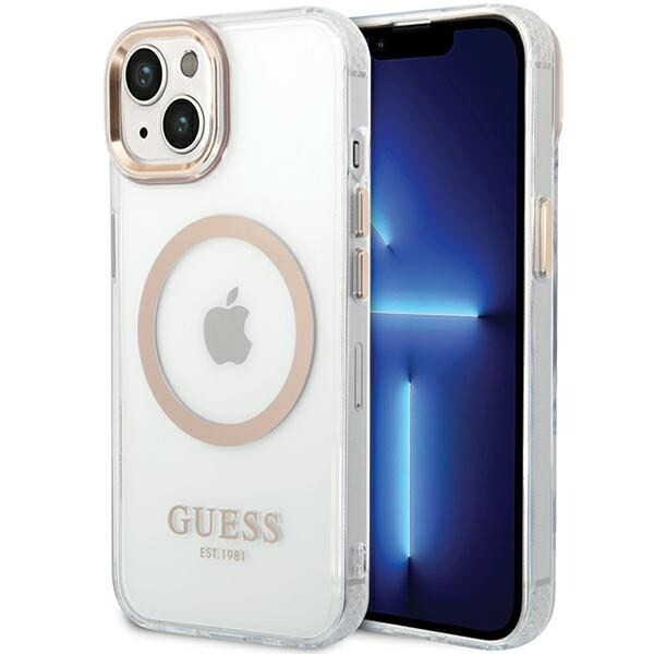 Guess MagSafe-fodral med metallkontur för iPhone 15 Plus / 14 Plus - Guld