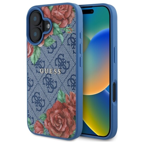 Guess GUHMP16SP4ROPEMCB iPhone 16 6,1" blått/blått hårdplastfodral 4G Flowers Print MagSafe