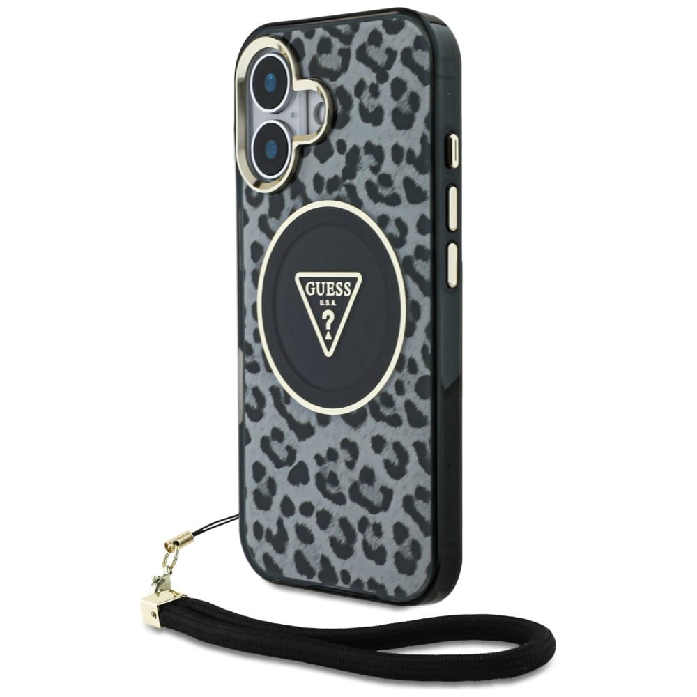 Guess HC IML Leopard Triangle Cord Strap MagSafe-fodral för iPhone 16 - svart