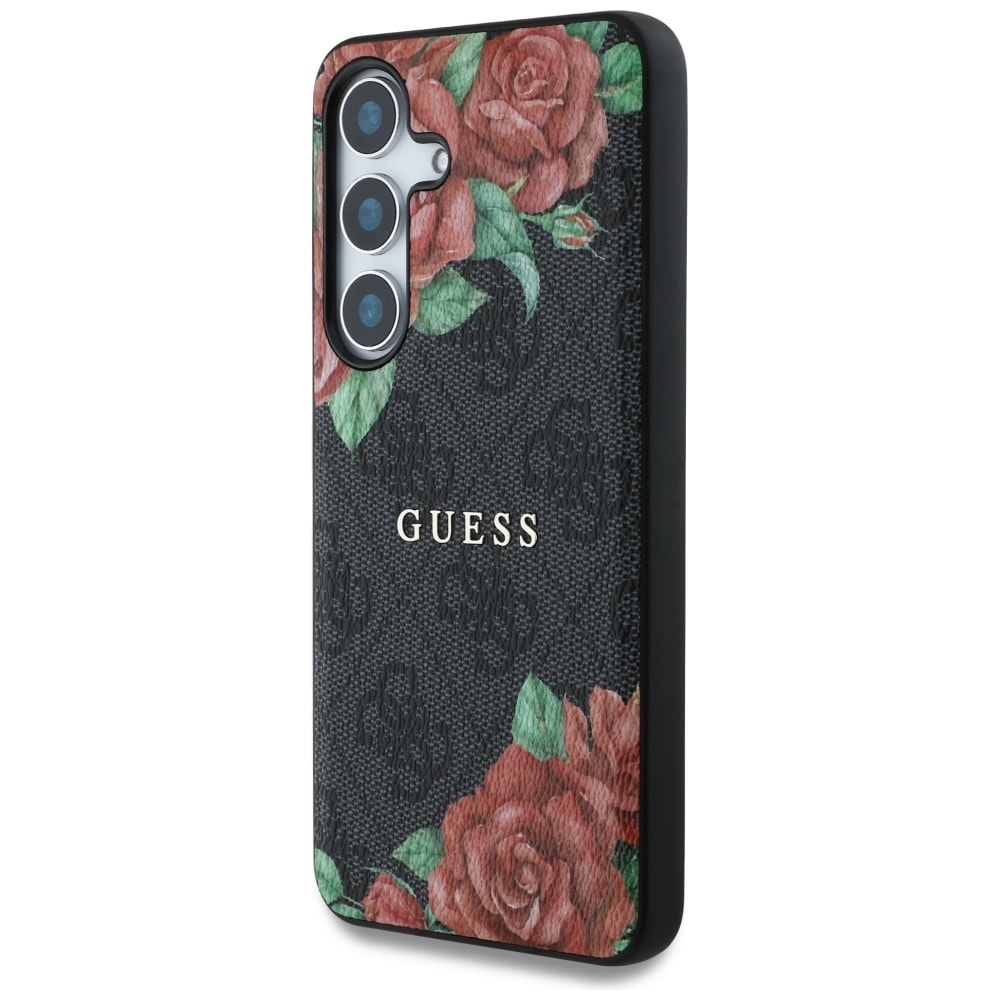 Guess Læder 4G Blomster Print Metal Classic Logo MagSafe Etui til Samsung Galaxy S25 - Sort