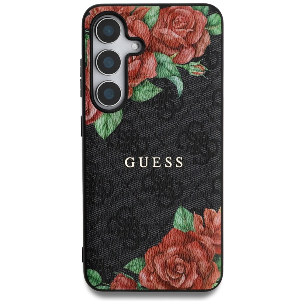 Guess Læder 4G Blomster Print Metal Classic Logo MagSafe Etui til Samsung Galaxy S25 - Sort