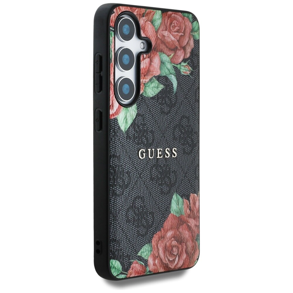 Guess Læder 4G Blomster Print Metal Classic Logo MagSafe Etui til Samsung Galaxy S25 - Sort