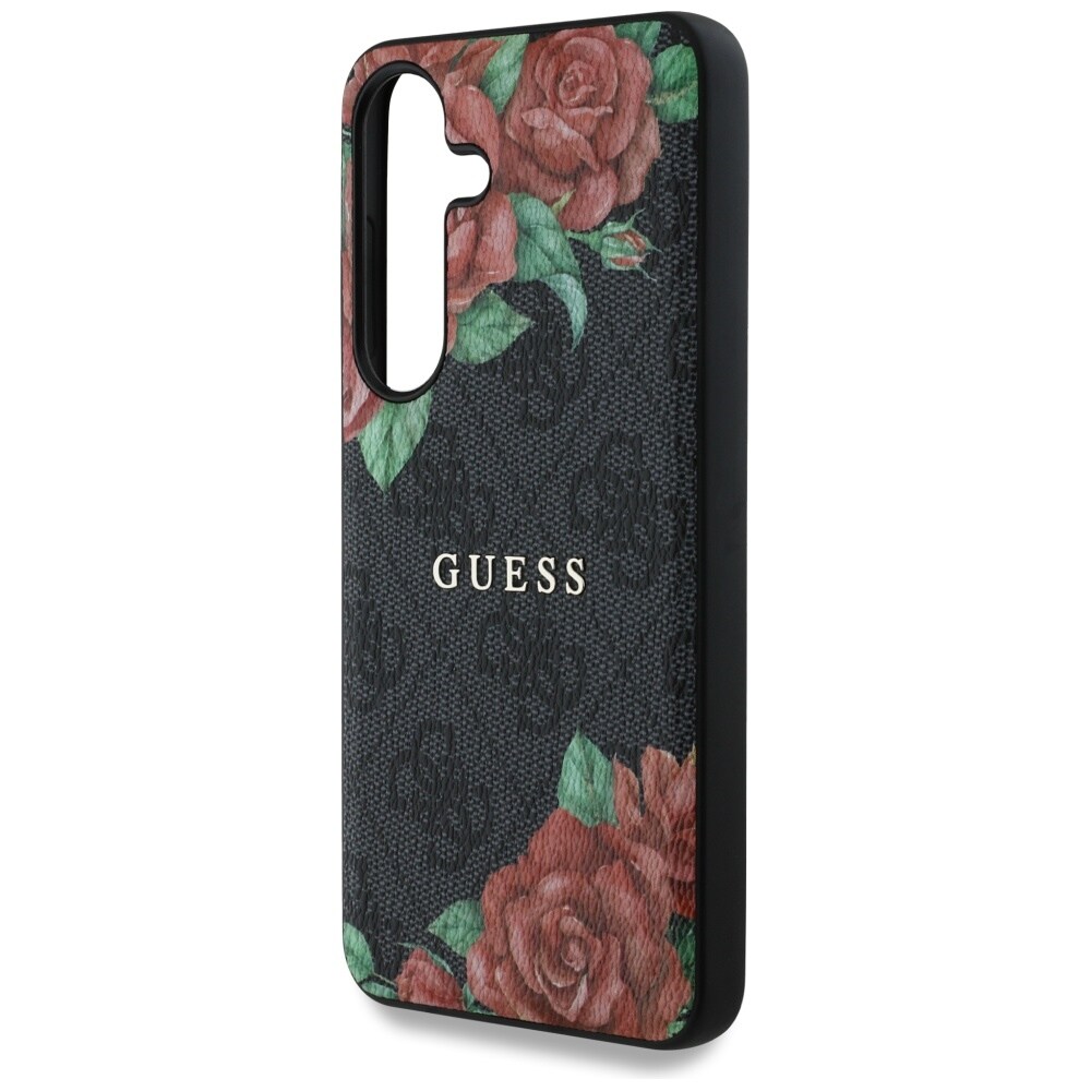 Guess Læder 4G Blomster Print Metal Classic Logo MagSafe Etui til Samsung Galaxy S25 - Sort
