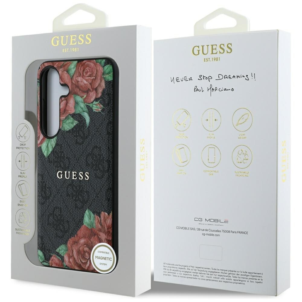 Guess Læder 4G Blomster Print Metal Classic Logo MagSafe Etui til Samsung Galaxy S25 - Sort