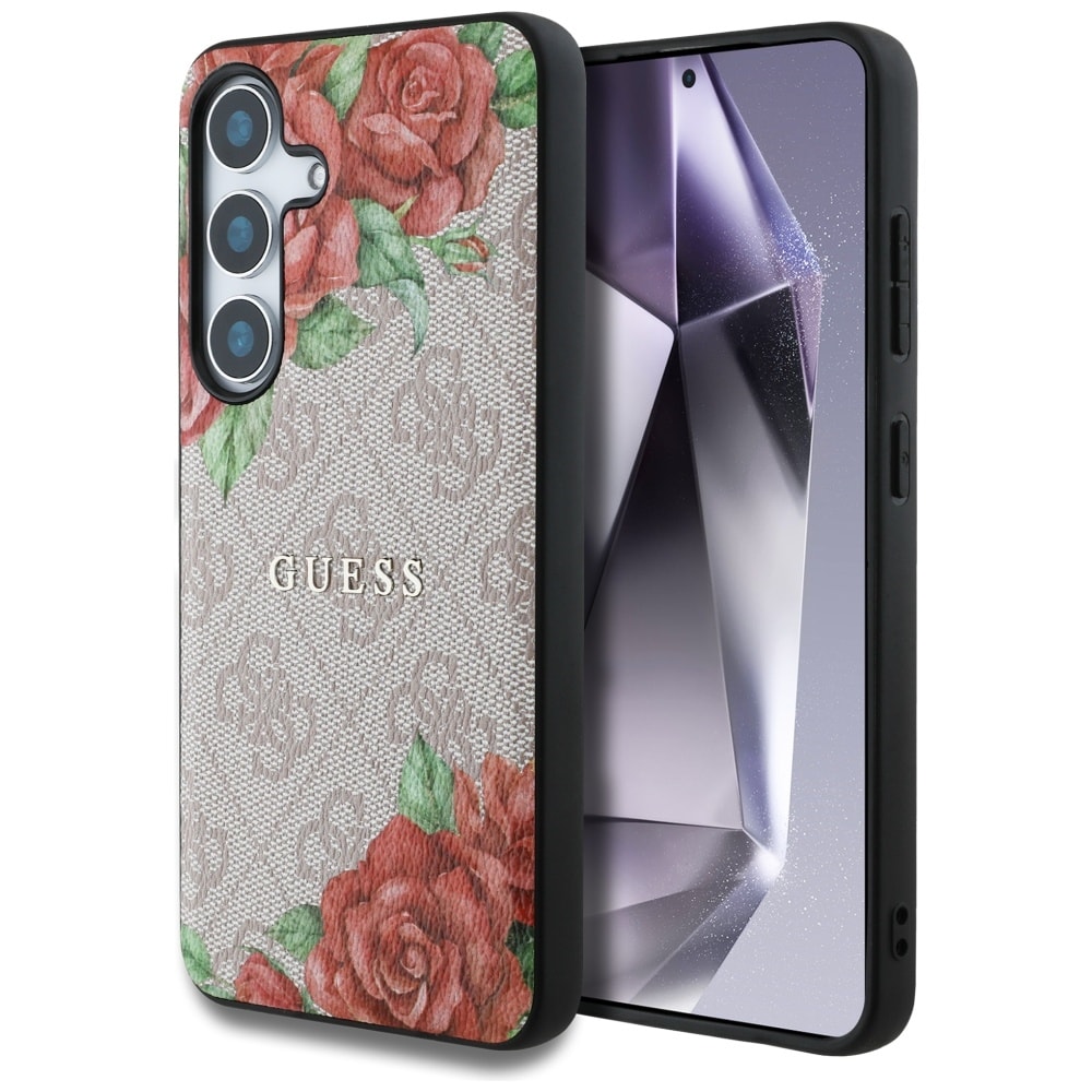 Guess Läder 4G Blommor Tryck Metall Classic Logo MagSafe Fodral för Samsung Galaxy S25 - Rosa