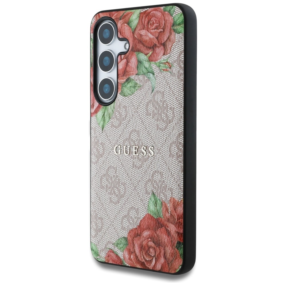 Guess Läder 4G Blommor Tryck Metall Classic Logo MagSafe Fodral för Samsung Galaxy S25 - Rosa