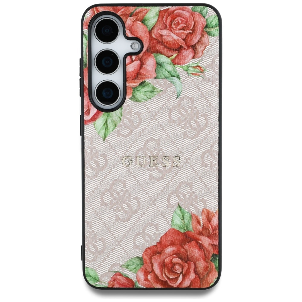 Guess Läder 4G Blommor Tryck Metall Classic Logo MagSafe Fodral för Samsung Galaxy S25 - Rosa