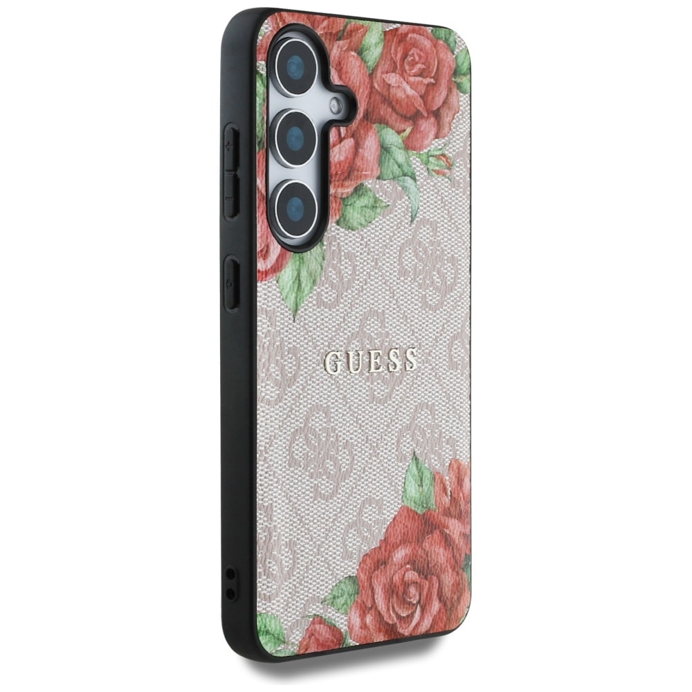 Guess Läder 4G Blommor Tryck Metall Classic Logo MagSafe Fodral för Samsung Galaxy S25 - Rosa
