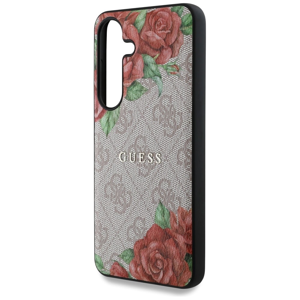 Guess Läder 4G Blommor Tryck Metall Classic Logo MagSafe Fodral för Samsung Galaxy S25 - Rosa