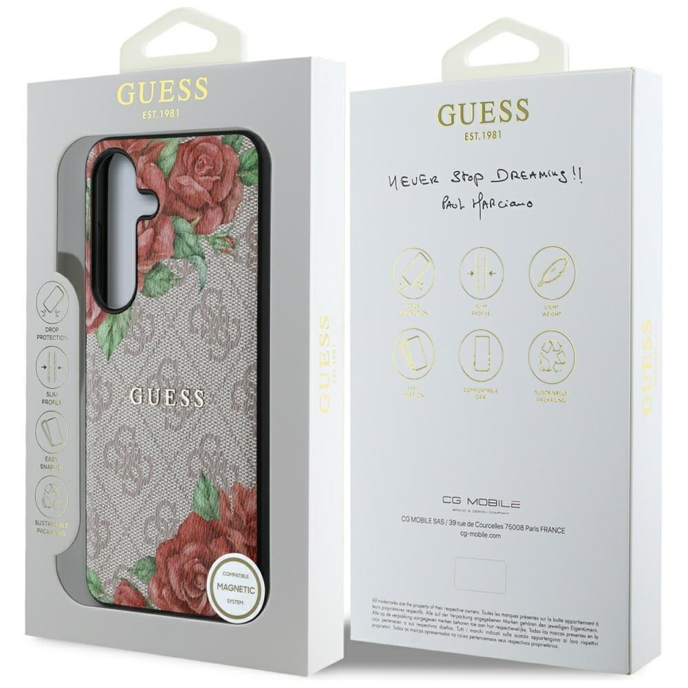 Guess Läder 4G Blommor Tryck Metall Classic Logo MagSafe Fodral för Samsung Galaxy S25 - Rosa