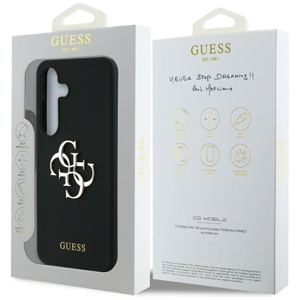 Guess Silikone Big 4G Logo Bottom Script-etui til Samsung Galaxy S25 - sort