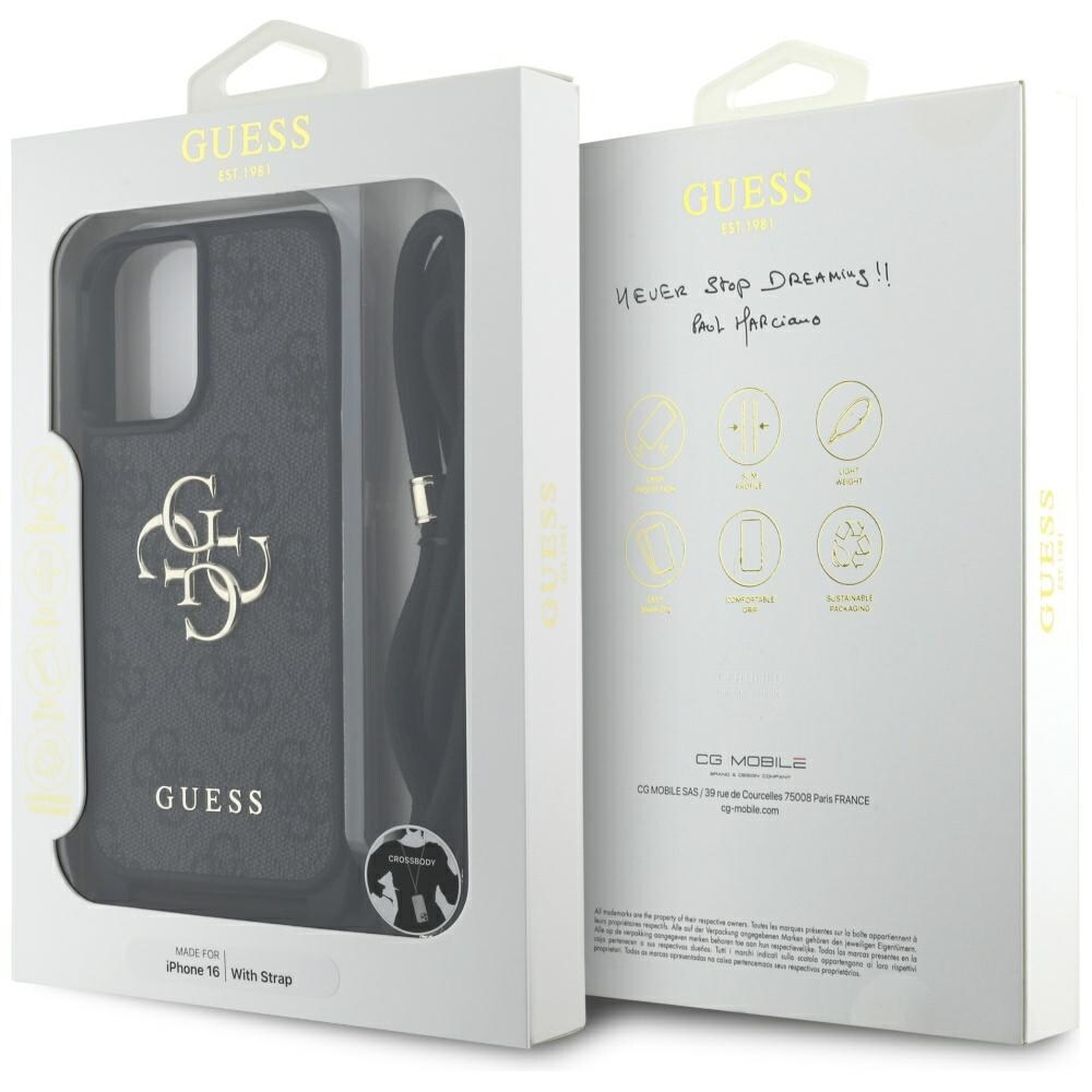 Guess 4G Big Logo Cord Stap Crossbody Etui til iPhone 16 Sort
