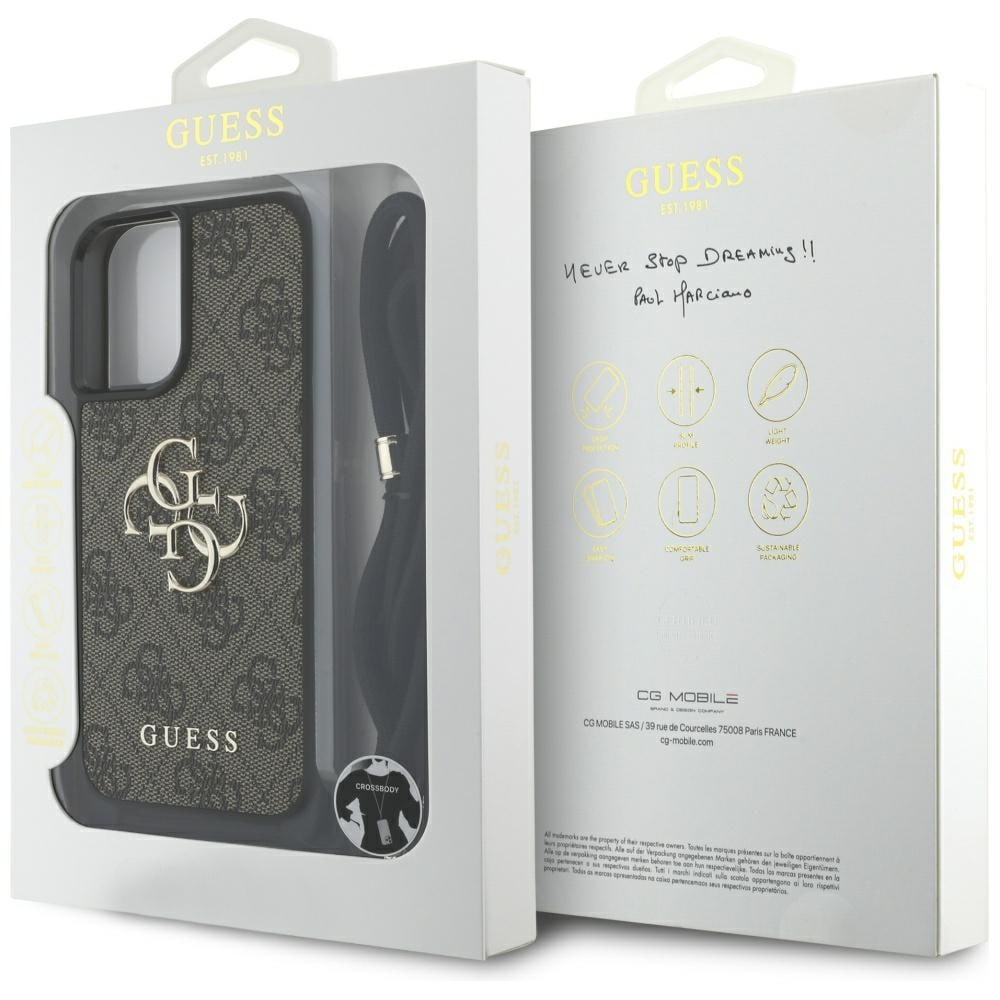 Guess 4G Big Logo Cord Stap Crossbody Fodral för iPhone 16 Plus Brun