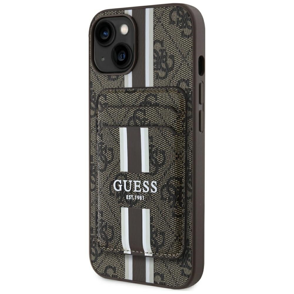 Guess 4G Stripes fodral med Magsafe plånbok för iPhone 15 brun