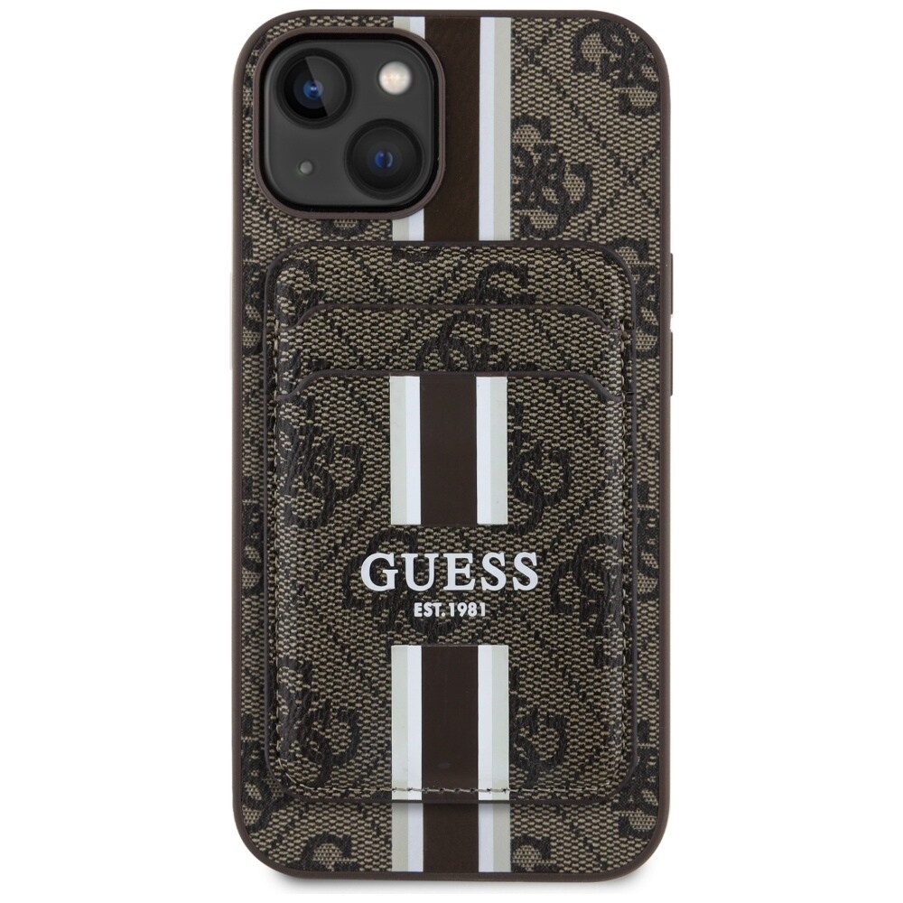 Guess 4G Stripes fodral med Magsafe plånbok för iPhone 15 brun