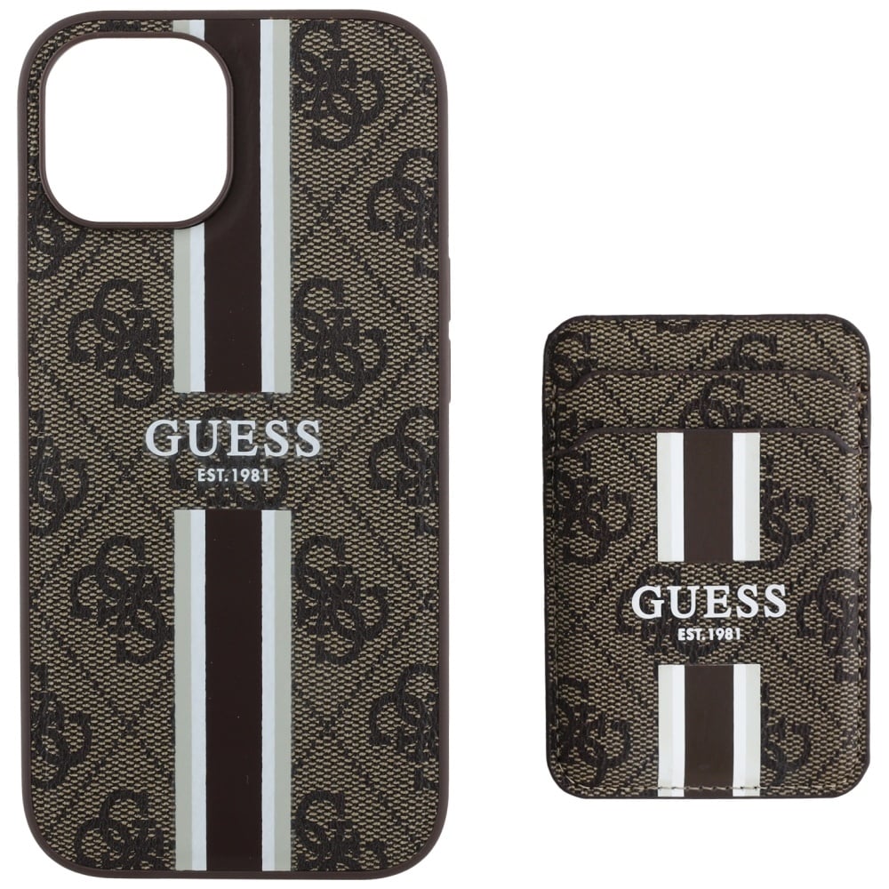 Guess 4G Stripes fodral med Magsafe plånbok för iPhone 15 brun