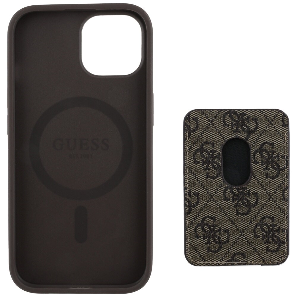 Guess 4G Stripes fodral med Magsafe plånbok för iPhone 15 brun