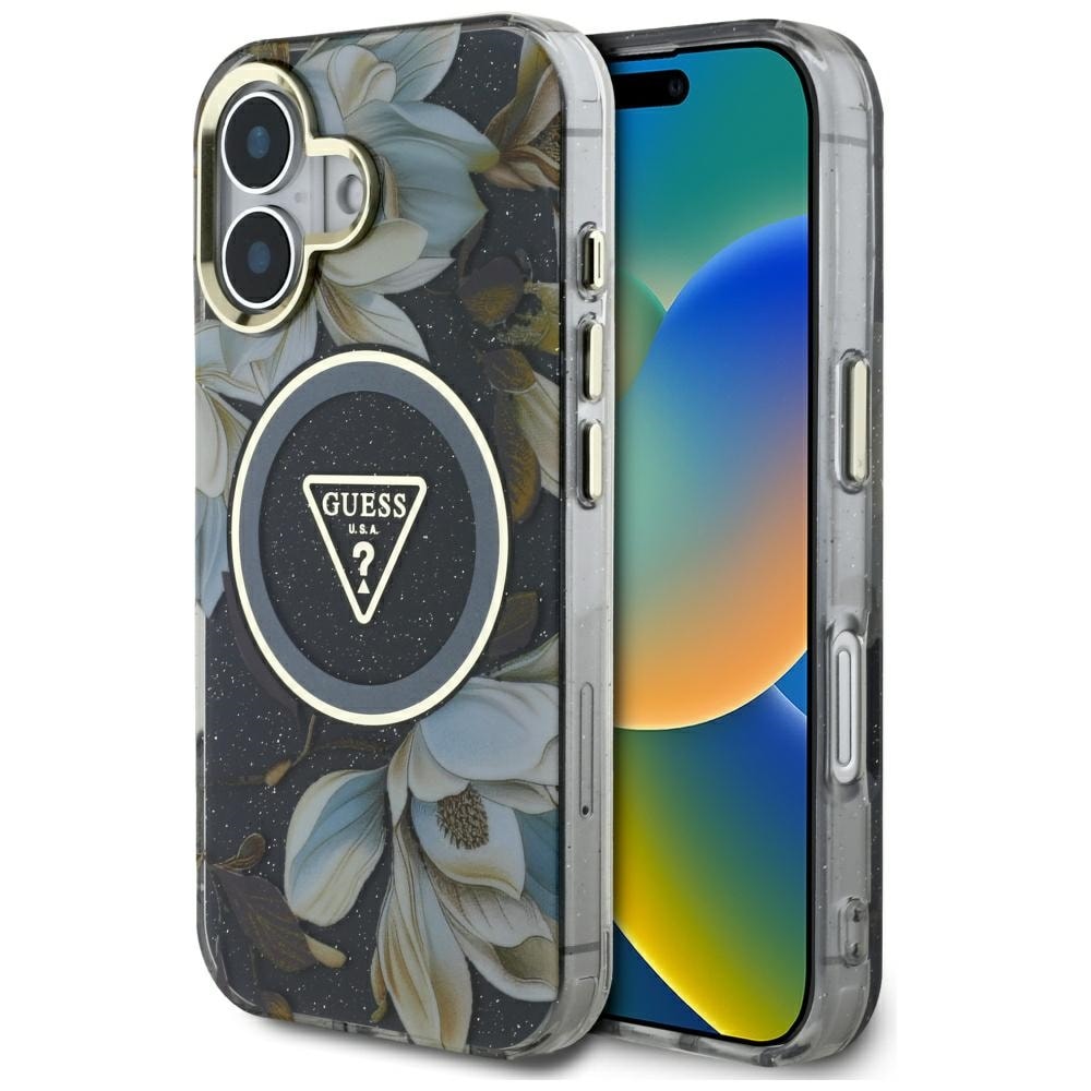 Guess Glitterblommor Triangelknappar MagSafe-fodral för iPhone 16 svart