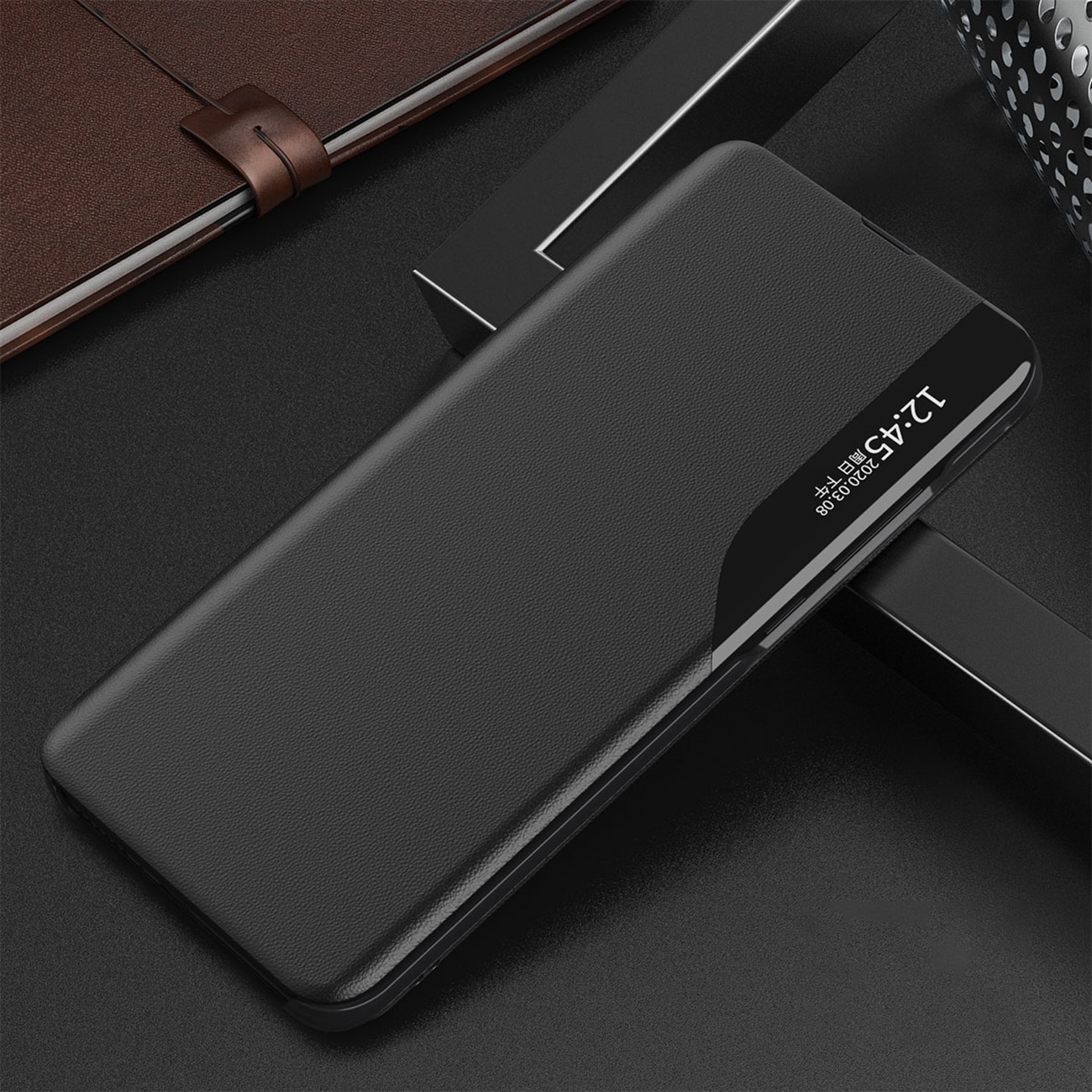 Eco Leather View Case elegant fodral med klaff och stativ för iPhone 16e - svart