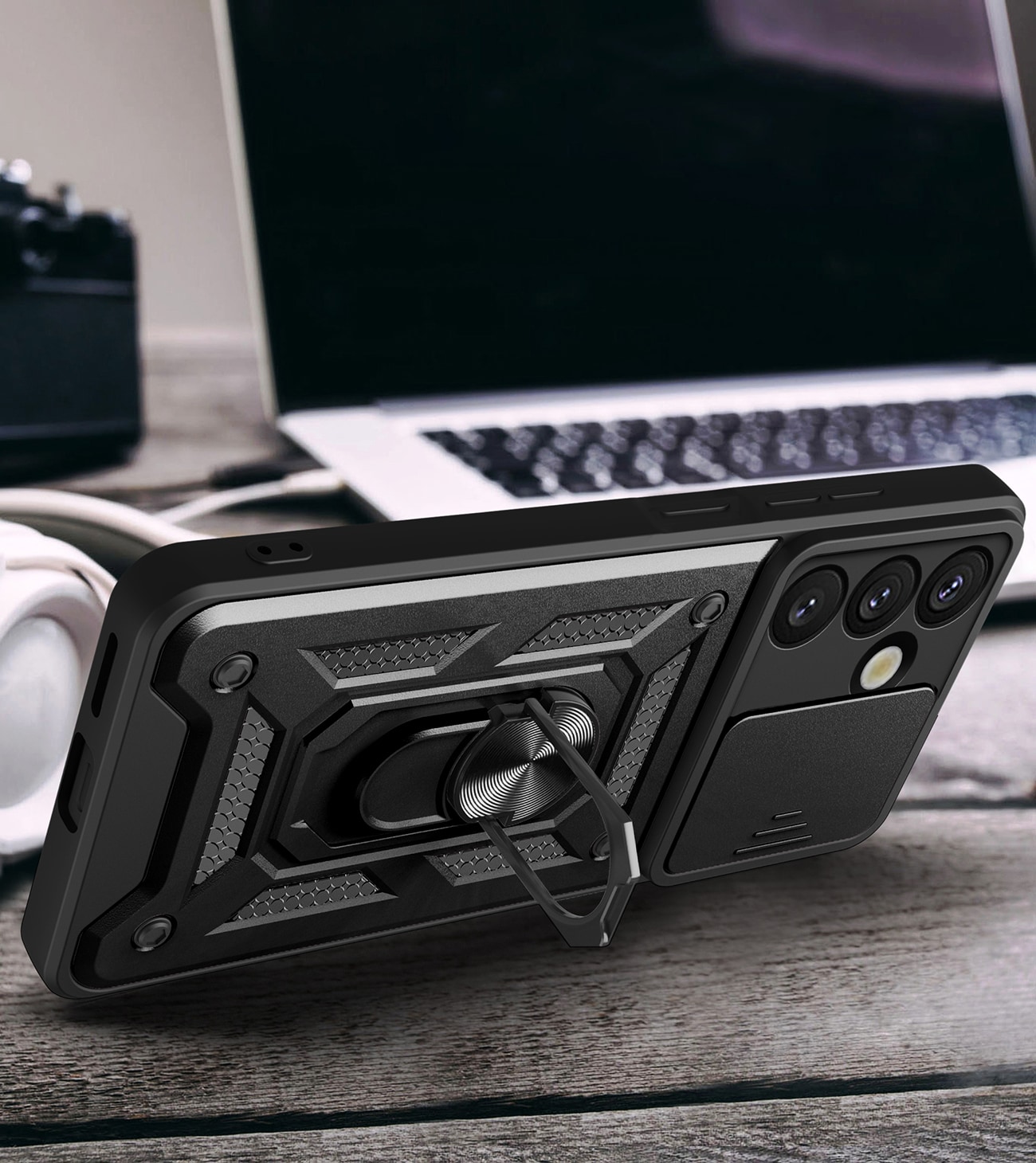 Hybrid Armor Camshield med stativ og kameradæksel til Samsung Galaxy S25 Edge - Sort