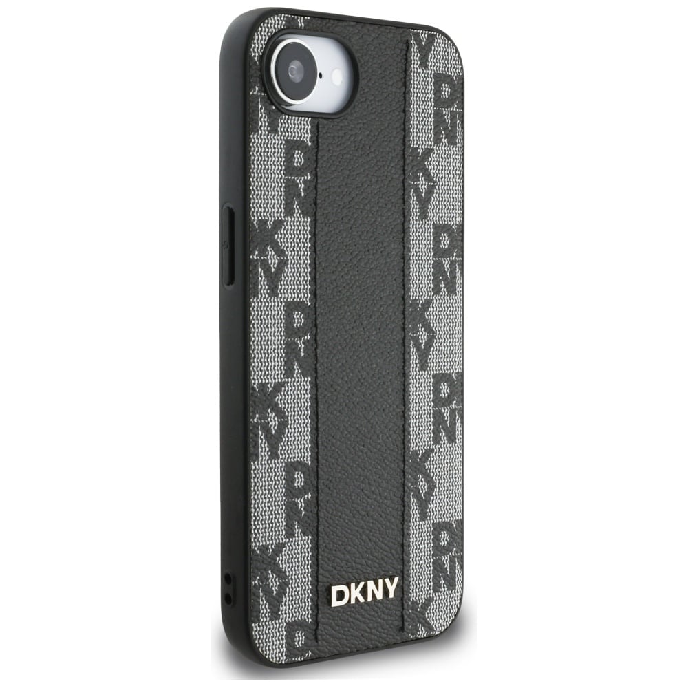 DKNY läderfodral med rutigt monomönster MagSafe iPhone 16e - svart