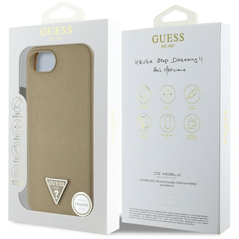 Guess MagSafe-etui med kornede trekanter til iPhone 16e - brun