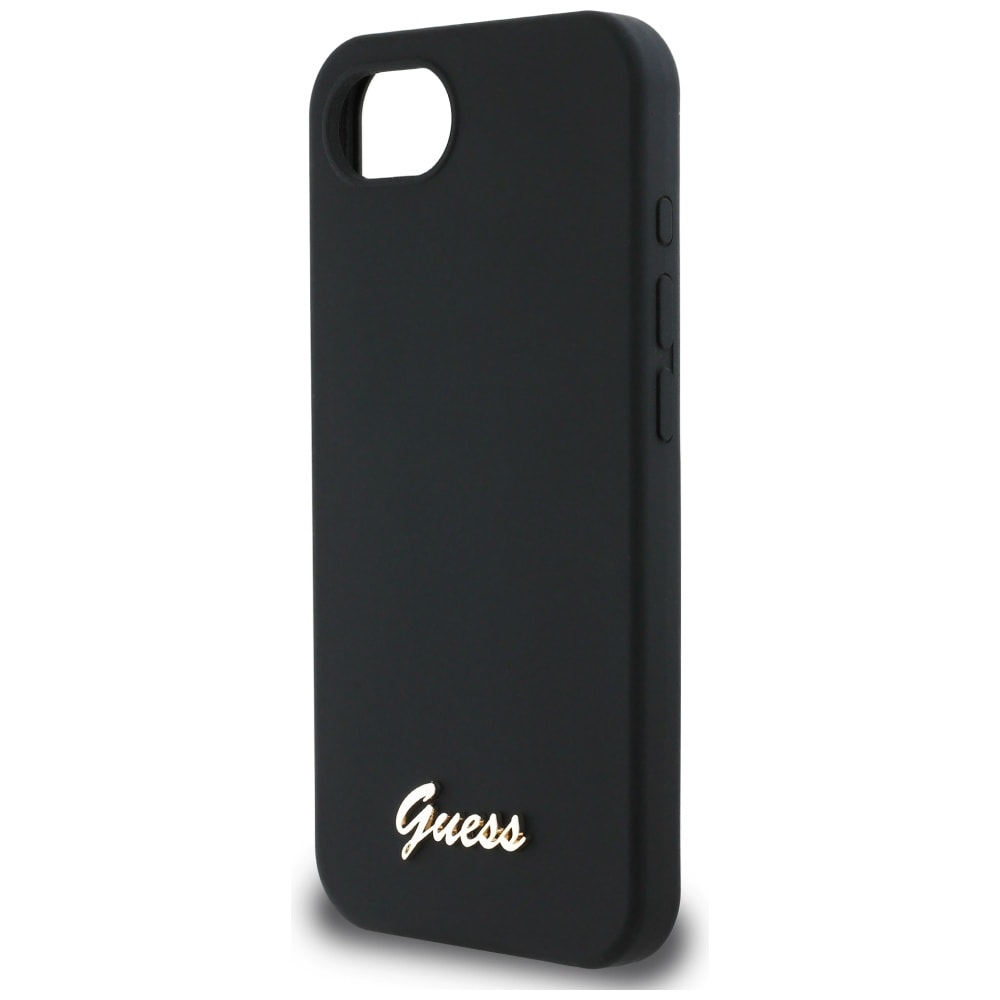 Guess Silikon Skrift Metall Logo MagSafe iPhone 16e Fodral - Svart