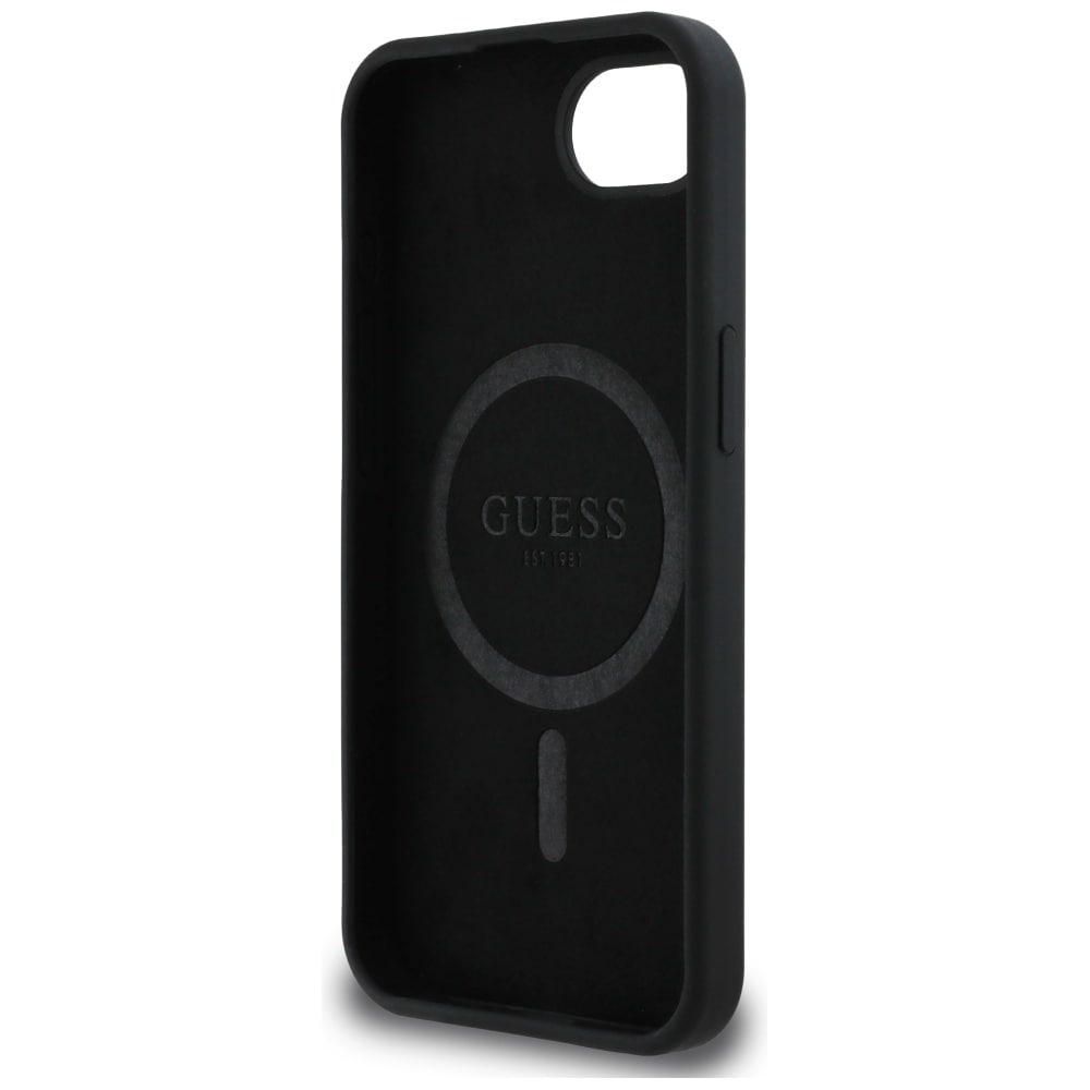 Guess Silikon Skrift Metall Logo MagSafe iPhone 16e Fodral - Svart