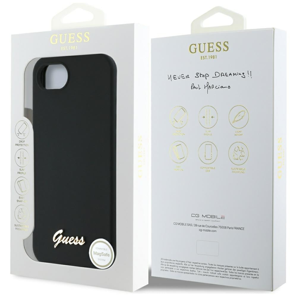 Guess Silikon Skrift Metall Logo MagSafe iPhone 16e Fodral - Svart