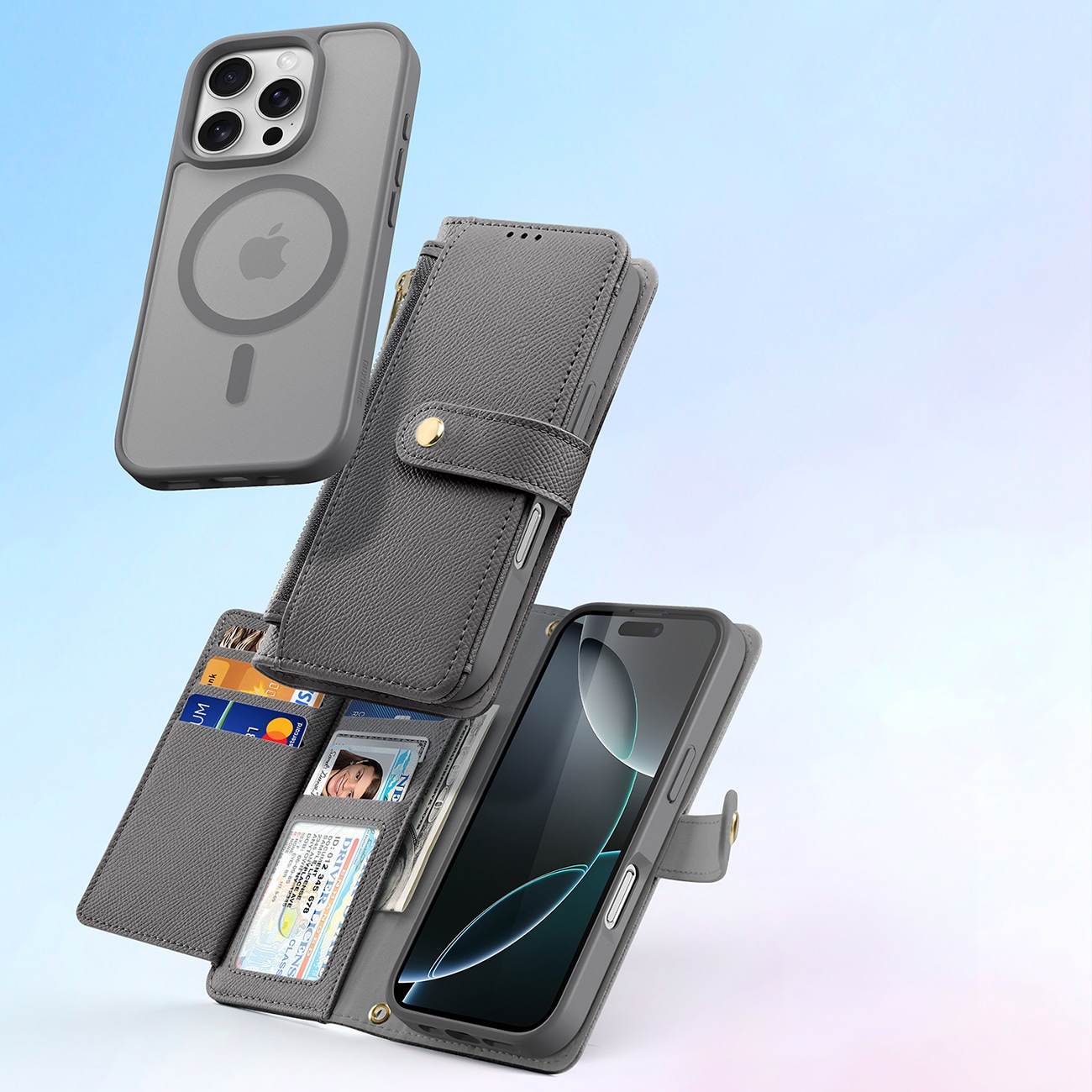 Dux Ducis Lawa iPhone 16 Pro Läderfodral med avtagbar magnetisk plånbok - Grå